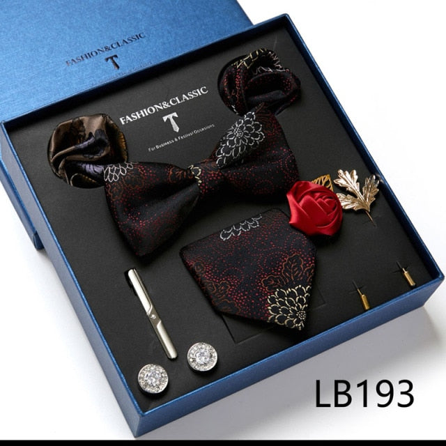 Men's 9 Piece Silk Butterfly Tie Set, Necktie, Bowtie, Handkerchief, Cufflinks, Tie Clip and Lapel Pin Set