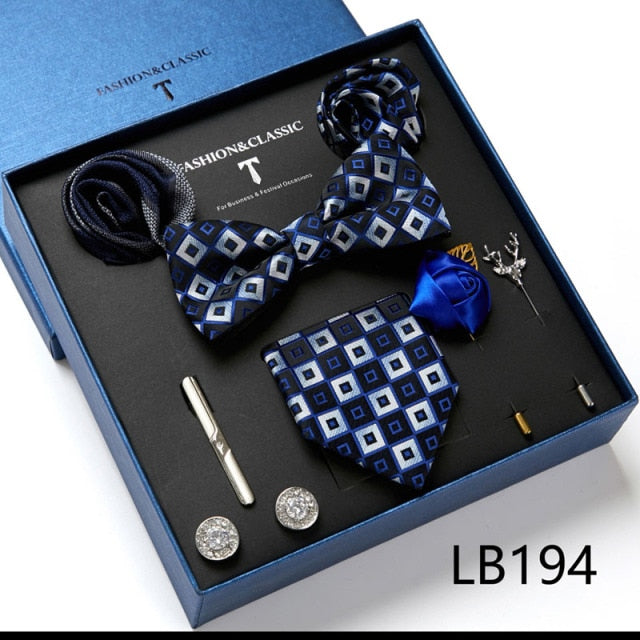 Men's 9 Piece Silk Butterfly Tie Set, Necktie, Bowtie, Handkerchief, Cufflinks, Tie Clip and Lapel Pin Set