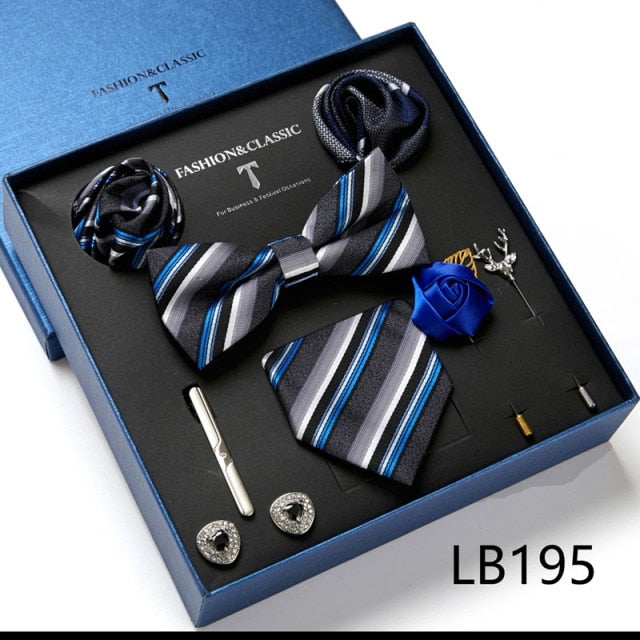 Men's 9 Piece Silk Butterfly Tie Set, Necktie, Bowtie, Handkerchief, Cufflinks, Tie Clip and Lapel Pin Set