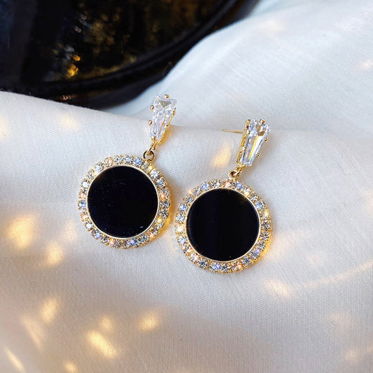 Black round rhinestone earrings