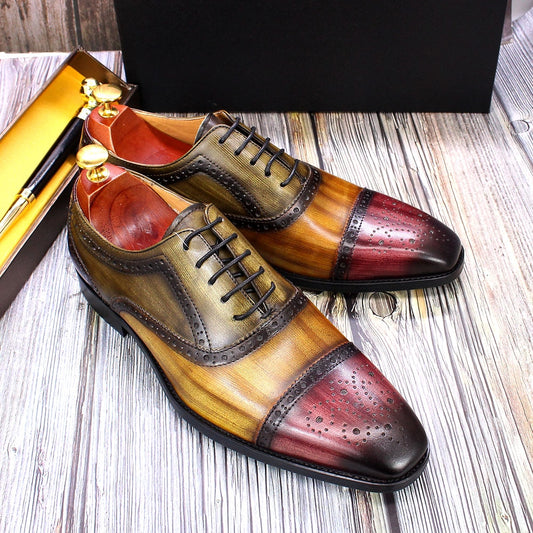 Mens Oxford shoes Handmade Dress Shoes 100% Calf Leather Toe Mixed Colors Lace Up Luxury Brogue