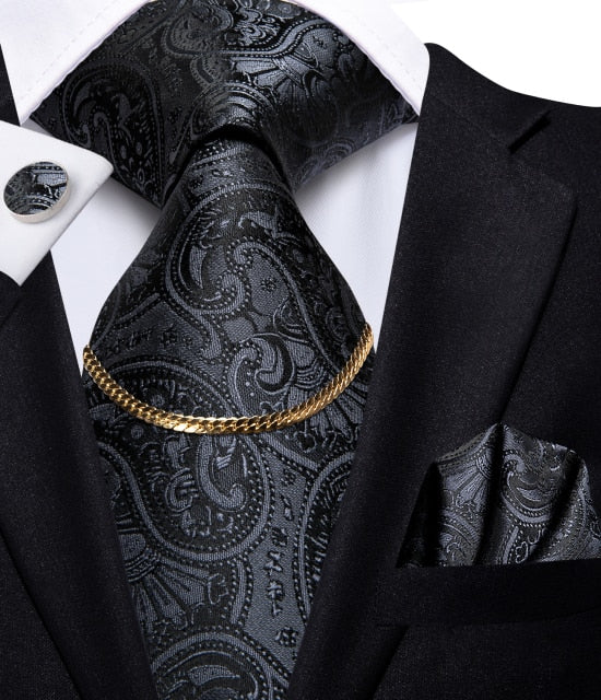 Men's 4 Piece Necktie set with Suit Tie, Tie Chain, Handkerchief & Cufflinks