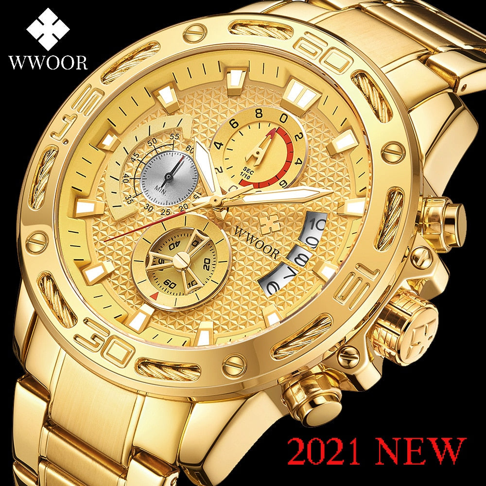 Gold Stainless Steel Quartz Watch Men Waterproof Sport Chronograph