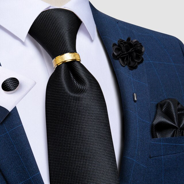 Classic Men's 4Piece Silk Suit Tie Set with Luxury Silk Necktie, Ring Brooch, Cufflinks, & Handkerchief