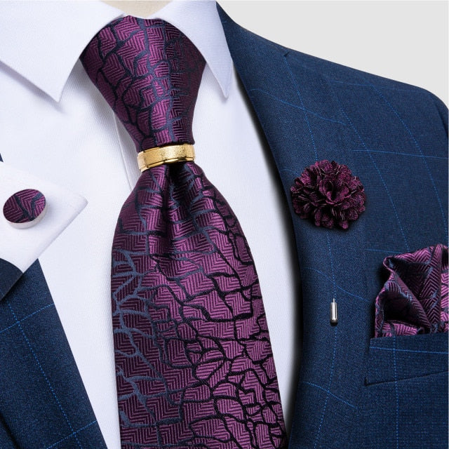 Classic Men's 4Piece Silk Suit Tie Set with Luxury Silk Necktie, Ring Brooch, Cufflinks, & Handkerchief