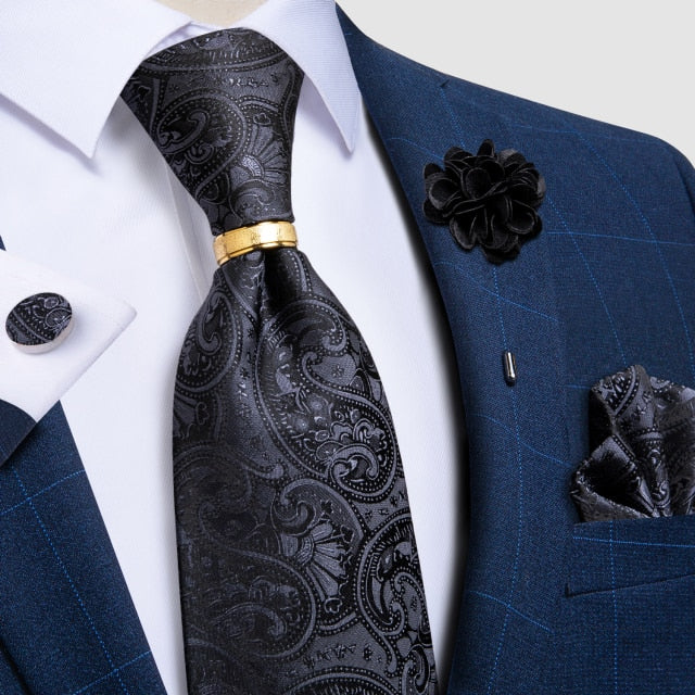 Classic Men's 4Piece Silk Suit Tie Set with Luxury Silk Necktie, Ring Brooch, Cufflinks, & Handkerchief
