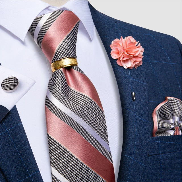 Classic Men's 4Piece Silk Suit Tie Set with Luxury Silk Necktie, Ring Brooch, Cufflinks, & Handkerchief
