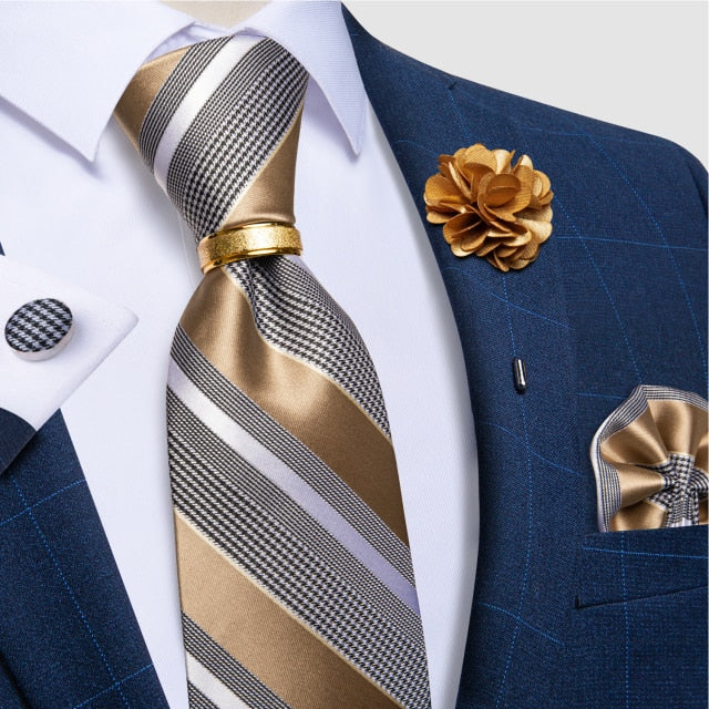 Classic Men's 4Piece Silk Suit Tie Set with Luxury Silk Necktie, Ring Brooch, Cufflinks, & Handkerchief