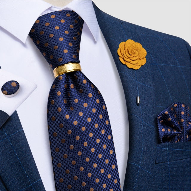 Classic Men's 4Piece Silk Suit Tie Set with Luxury Silk Necktie, Ring Brooch, Cufflinks, & Handkerchief