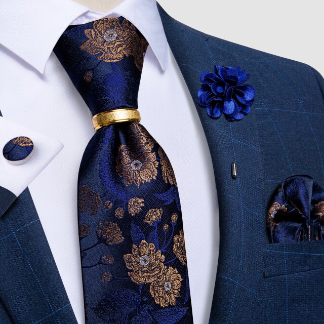 Classic Men's 4Piece Silk Suit Tie Set with Luxury Silk Necktie, Ring Brooch, Cufflinks, & Handkerchief