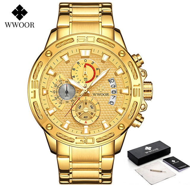 Gold Stainless Steel Quartz Watch Men Waterproof Sport Chronograph