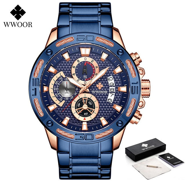 Gold Stainless Steel Quartz Watch Men Waterproof Sport Chronograph