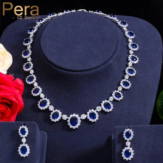 Bridal Wedding Necklace & Earrings Royal Color Stones & Cubic Zirconia Jewelry Set